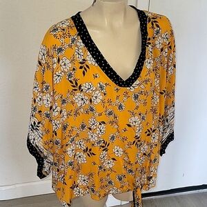 DEMOCRACY Plus Size 2X Gold Floral Blouse Tie Waist Kimono Sleeve‎ Bright color